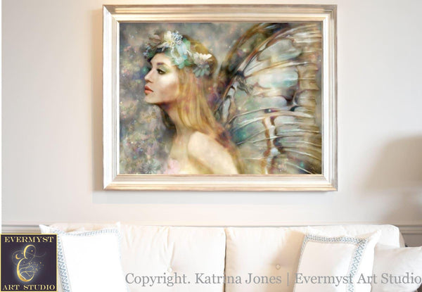 Realistic Fairy Wall Art Print - Teal Blue Flower Fantasy Painting