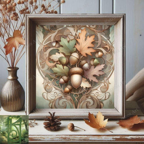 a picture of some leaves and acorns on a table