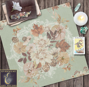 Fall Altar Cloth Tarot Reading Mat - Green Floral Autumn Decor Square