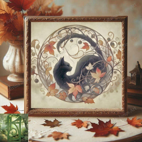 a picture of a cat in a frame with autumn leaves