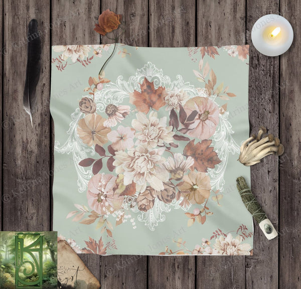 Fall Altar Cloth Tarot Reading Mat - Green Floral Autumn Decor Square