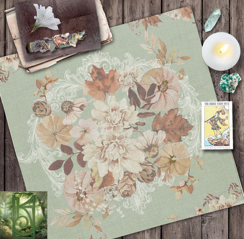 Fall Altar Cloth Tarot Reading Mat - Green Floral Autumn Decor Square