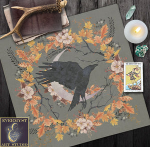 Fall Halloween Altar Cloth - Cottage Crow Moon Tarot Mat 24X24 Inch Crepe Square