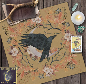 Fall Harvest Altar Cloth With Crow Design - Woodland Nature Tarot Mat Square