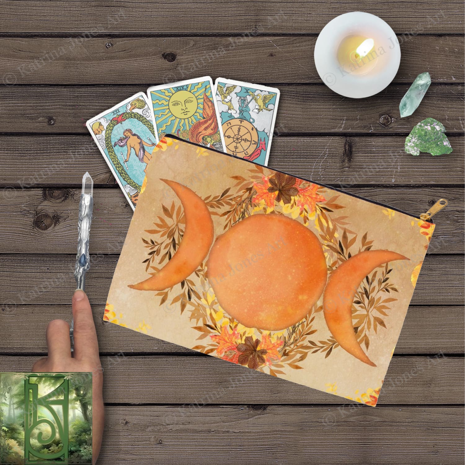 Fall Leave Triple Moon Autumn Equinox Accessory Pouches Vintage Design Witch Wicca Pagan Decor