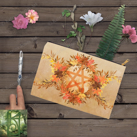 Fall Leaves Pentacle Accessory Pouches Vintage Design Witch Wicca Pagan Decor Zippered Pouch