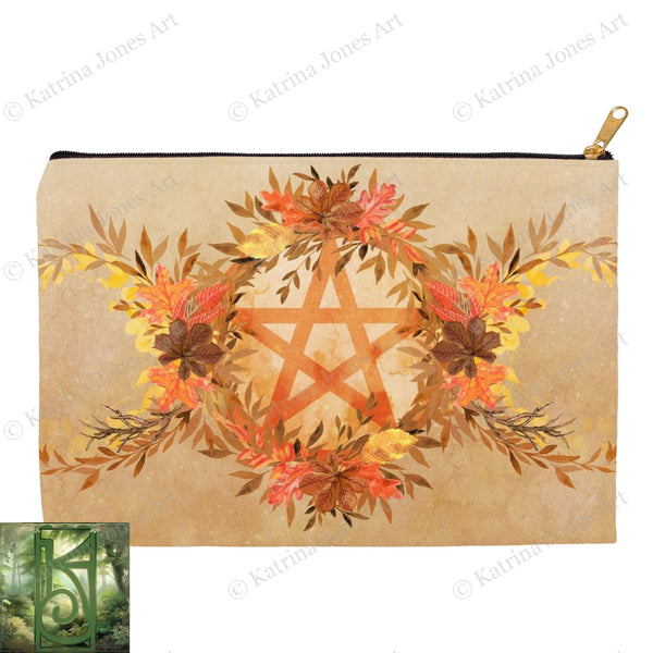 Fall Leaves Pentacle Accessory Pouches Vintage Design Witch Wicca Pagan Decor Zippered Pouch