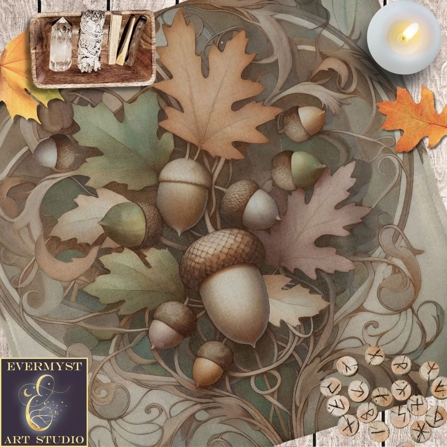 a picture of a table with candles and autumn leaves