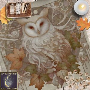 a picture of an owl surrounded by autumn leaves