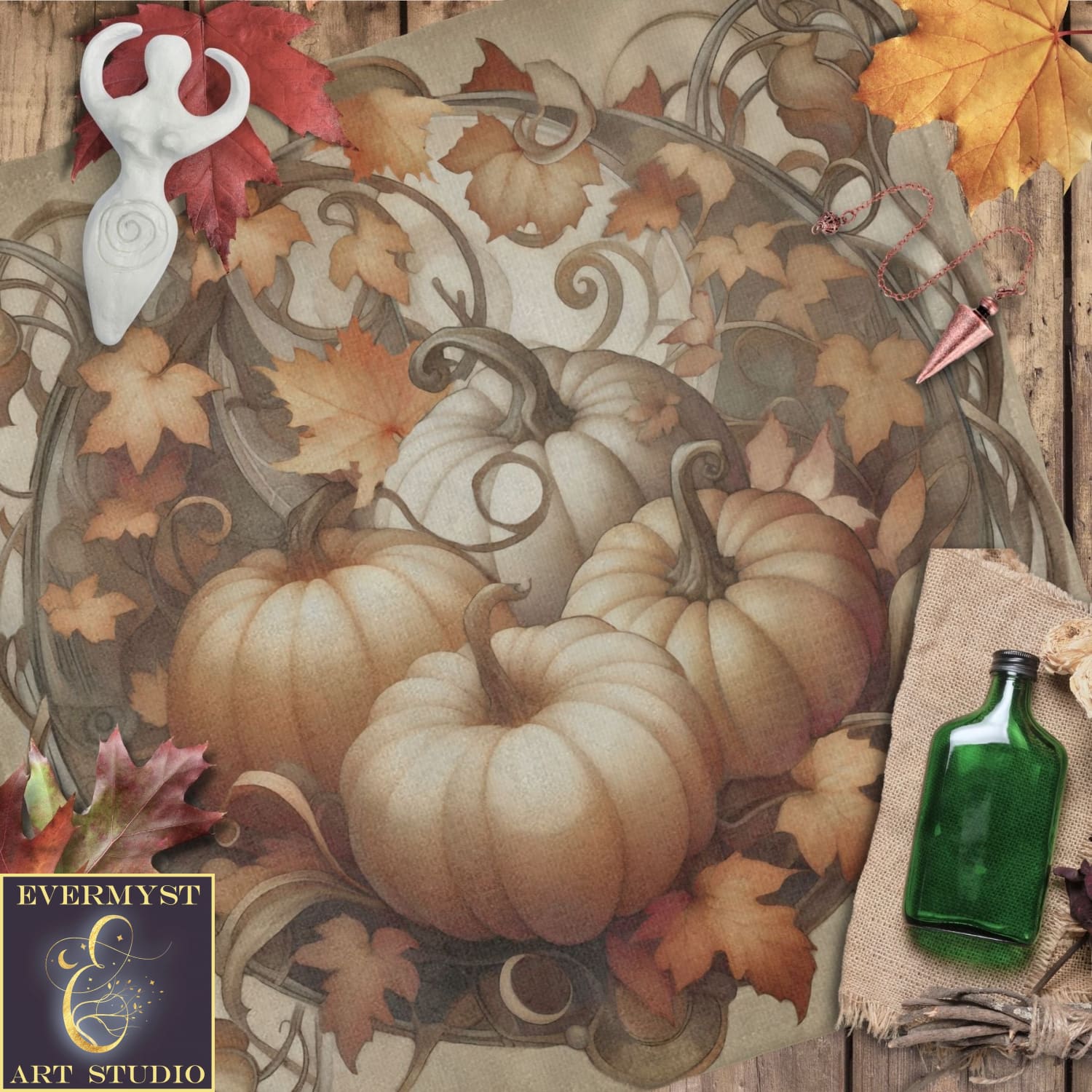 a painting of a pumpkin surrounded by autumn leaves