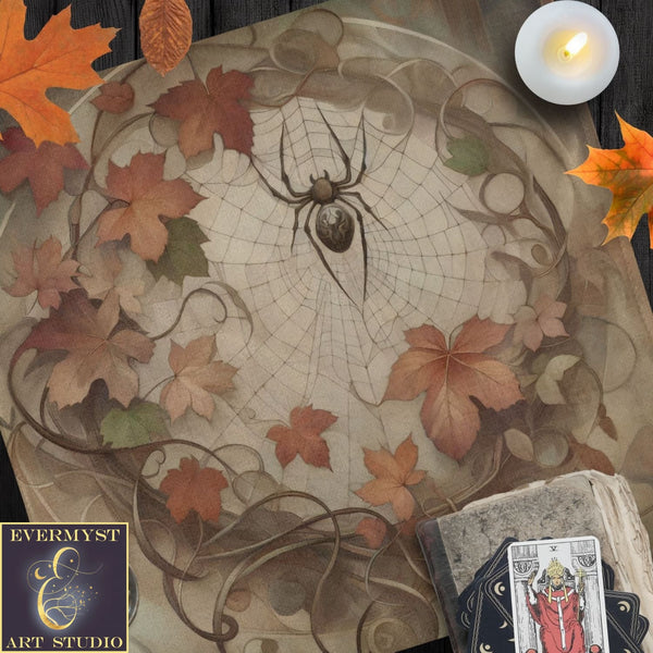 a spider sits on a table next to a book and candle