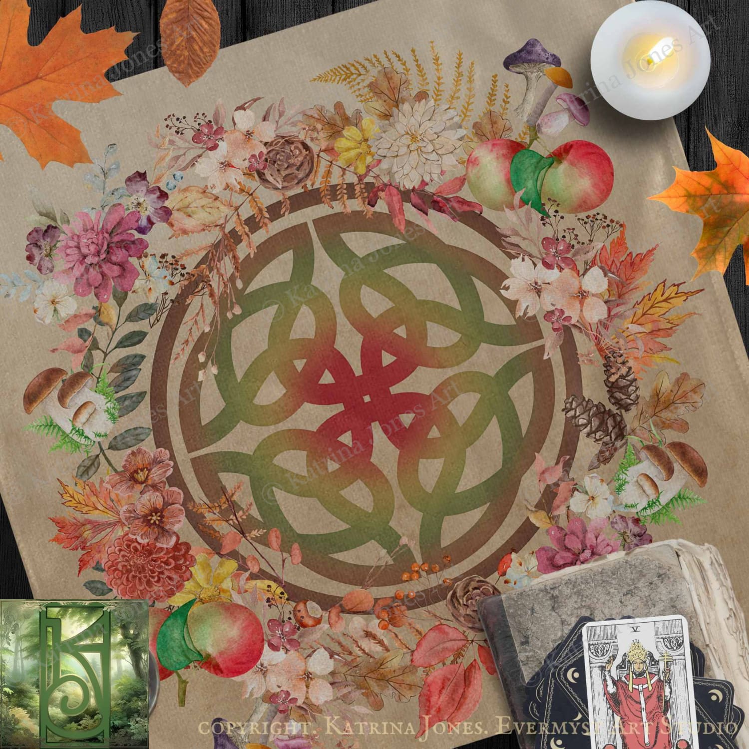 The image is a vibrant and colorful collage featuring a Celtic knot design surrounded by various autumn-themed elements such as flowers, leaves, and mushrooms. The overall composition is visually appealing and creates a sense of harmony between the Celtic knot and the natural elements.