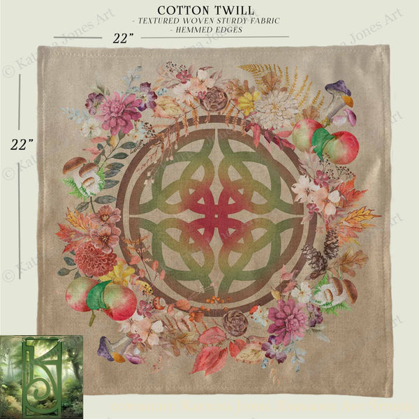 The image is a square print featuring a detailed design of a Celtic knot surrounded by various autumn-themed elements such as flowers, leaves, and mushrooms. The print is made of a textured woven stiff fabric, giving it a rustic and natural appearance. The print is 22 inches wide and 22 inches tall, providing a clear and accurate representation of the design's dimensions.