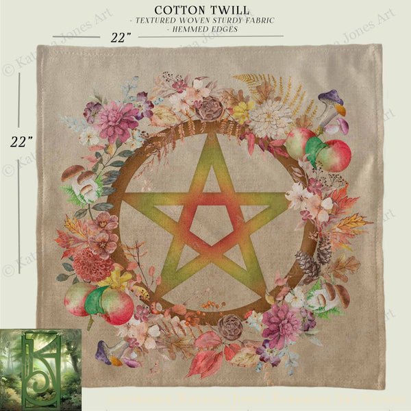 a large, square-shaped fabric with a detailed design of a star surrounded by a wreath of flowers and leaves. The fabric appears to be made of a textured, woven material, possibly cotton twill. The image is described as a "collage of images" and includes a "22" scale, suggesting that the image is a photograph of a larger, full-sized image.