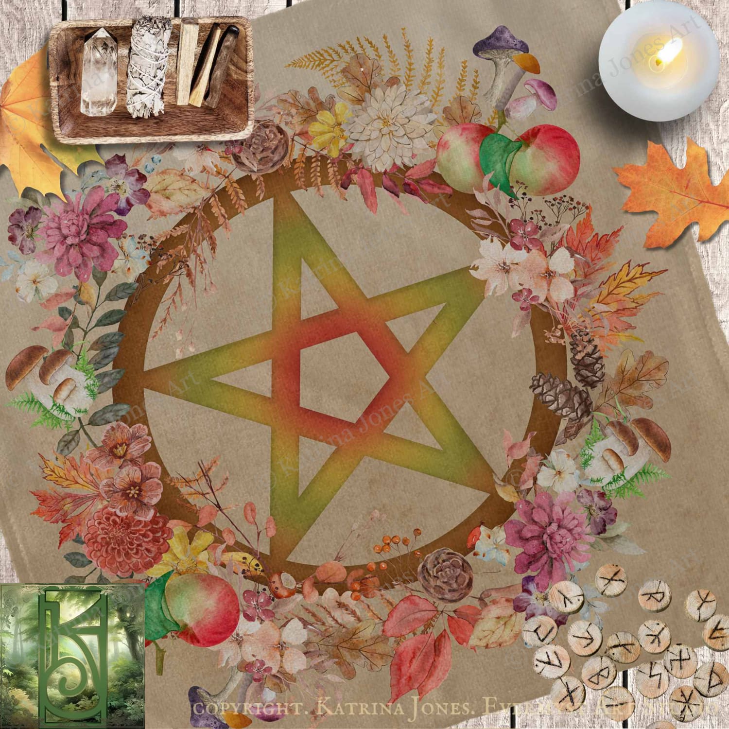The image is a collage featuring a large star-shaped symbol surrounded by a wreath of colorful flowers, autumn leaves, and various other natural elements. The image also includes a candle, crystals, and a collection of wooden beads.