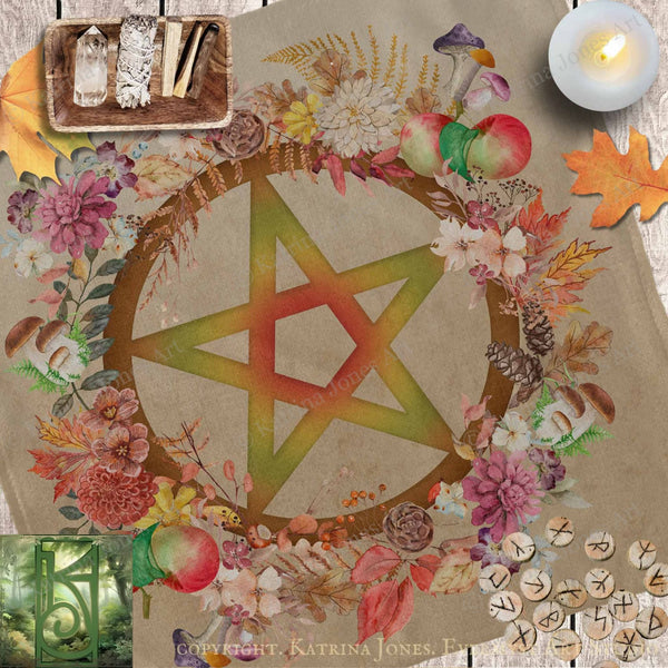 The image is a collage featuring a large star-shaped symbol surrounded by a wreath of colorful flowers, autumn leaves, and various other natural elements. The image also includes a candle, crystals, and a collection of wooden beads.