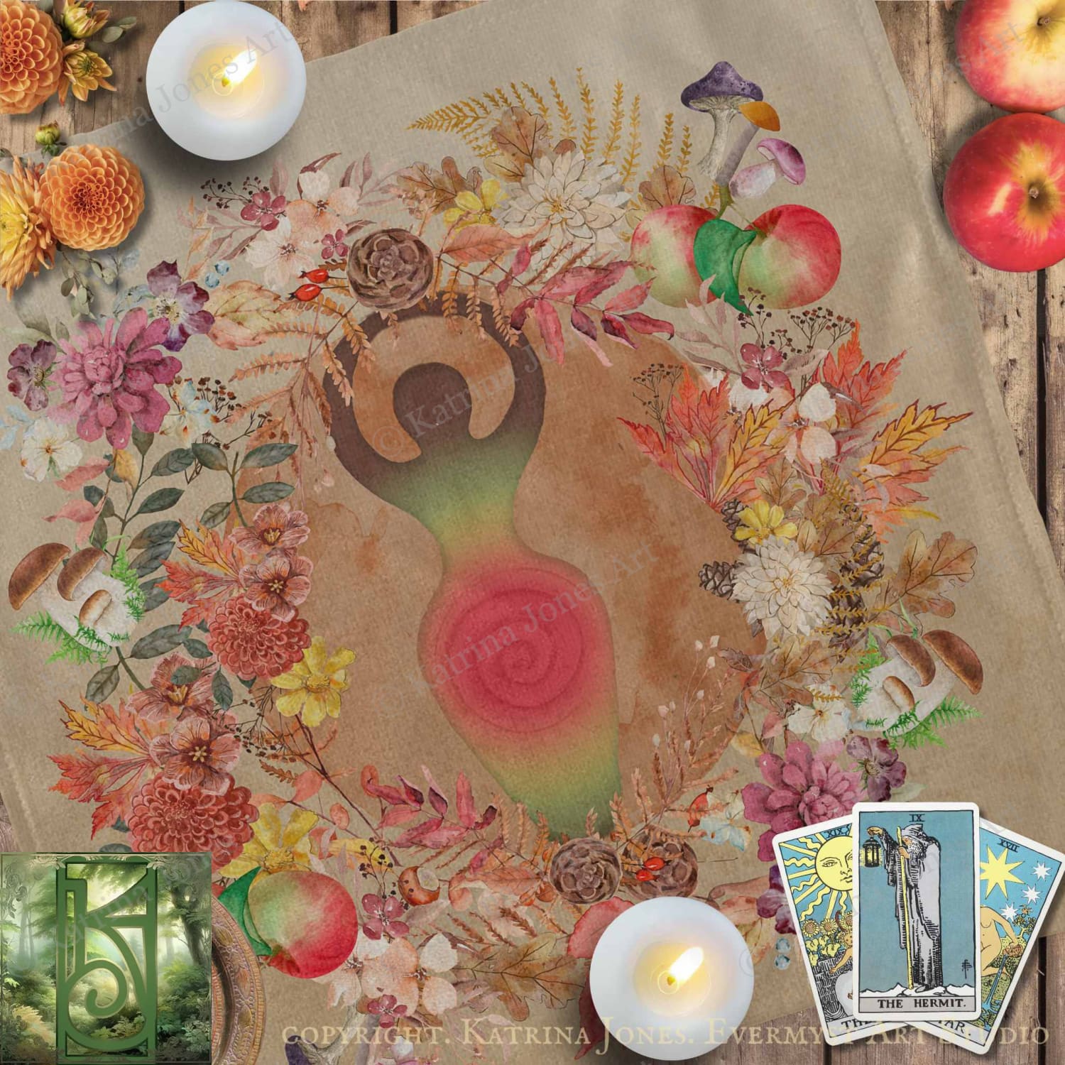 The image is a vibrant and colorful collage featuring a central design surrounded by various flowers, mushrooms, and other natural elements. The collage is set against a rustic wooden background, and there are two lit candles and a tarot card visible in the scene.