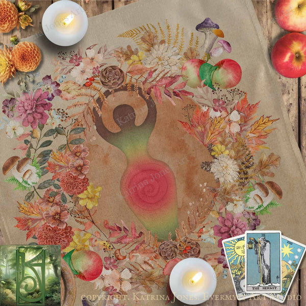 The image is a vibrant and colorful collage featuring a central design surrounded by various flowers, mushrooms, and other natural elements. The collage is set against a rustic wooden background, and there are two lit candles and a tarot card visible in the scene.