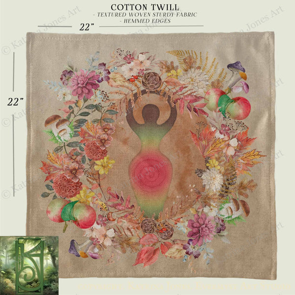 The image is a square print featuring a vibrant floral design with a central figure surrounded by various flowers and leaves. The print is described as a "Cotton Twill" with a "Textured Woven Sturdy Fabric" and "HEMMED EDGES" design. The print is 22 inches wide and 22 inches tall.