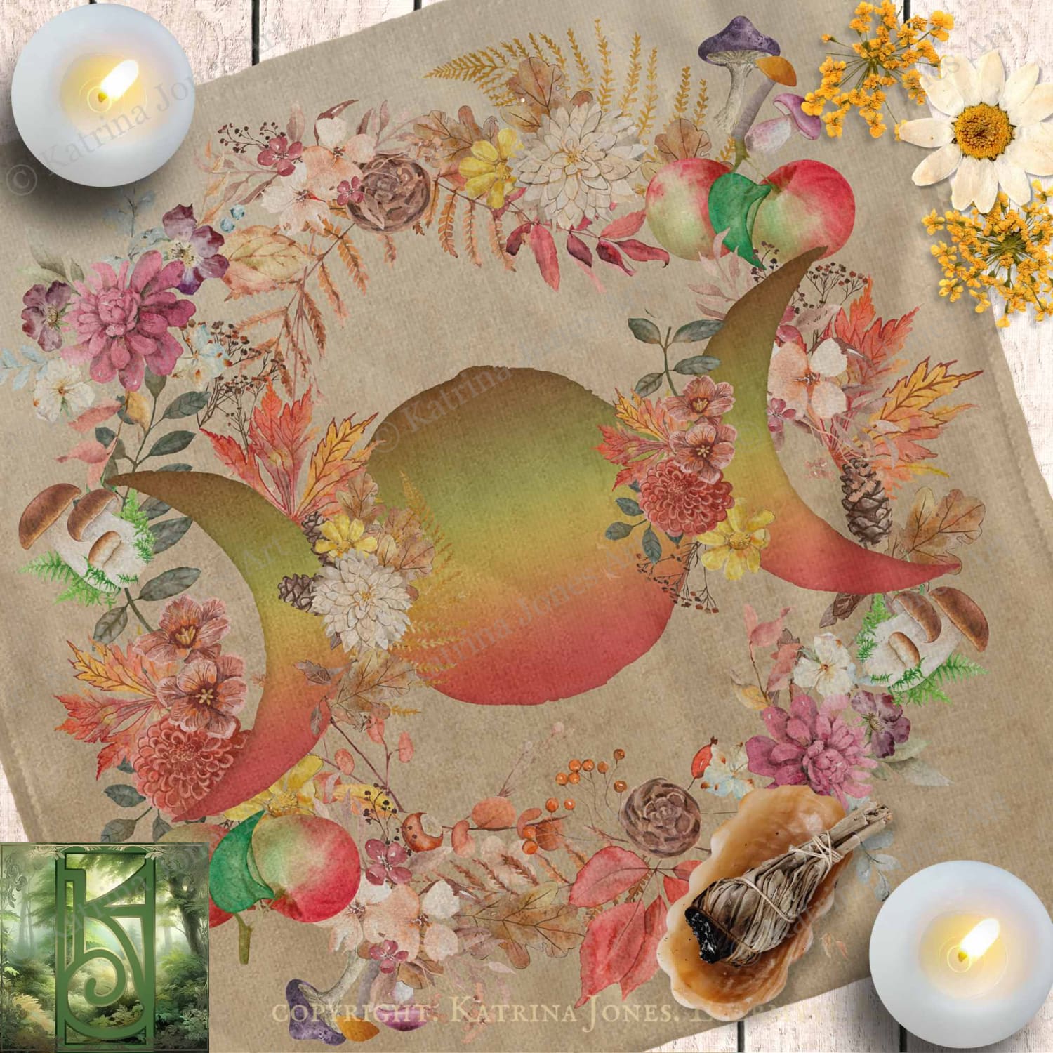The image is a collage featuring a crescent moon surrounded by various autumn-themed elements, including flowers, leaves, and mushrooms. The moon is positioned in the center of the collage, with the surrounding elements arranged around it.