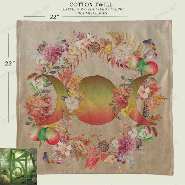 The image is a square print featuring a vibrant floral design with a central motif of three moons surrounded by various flowers and leaves. The print is described as a "Cotton Twill" with a "Textured Woven Sturdy Fabric" and "Hemmed Edges" design. The print is 22 inches wide and 22 inches tall.