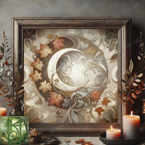 a painting of a crescent surrounded by autumn leaves