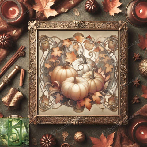 a painting of a pumpkin surrounded by autumn leaves