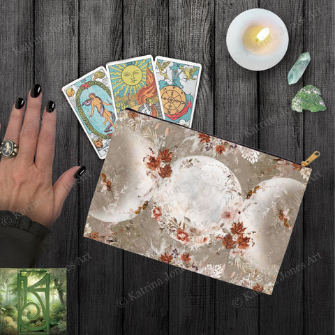 Triple Moon Leaves Accessory Pouches Vintage Design Witch Wicca Pagan Decor Zippered Tarot Bag Pouch