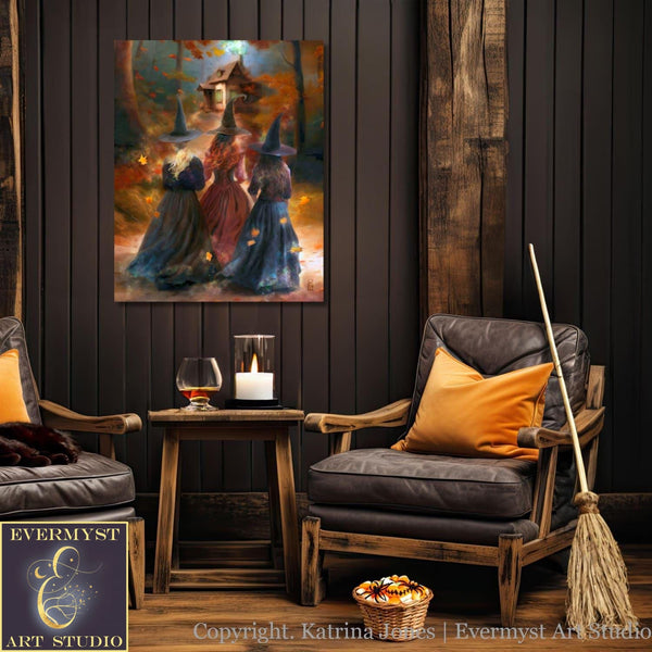 Three Witches Cottage Fall Painting - Sister Witchy Samhain Forest Art Print Decor