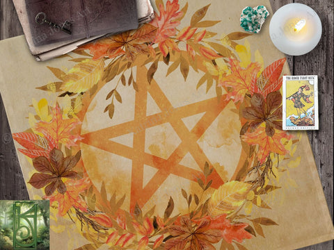 Autumn Altar Cloth With Pentacle - Mabon Equinox Samhain Season Square