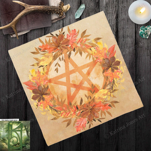 Autumn Altar Cloth With Pentacle - Mabon Equinox Samhain Season Square