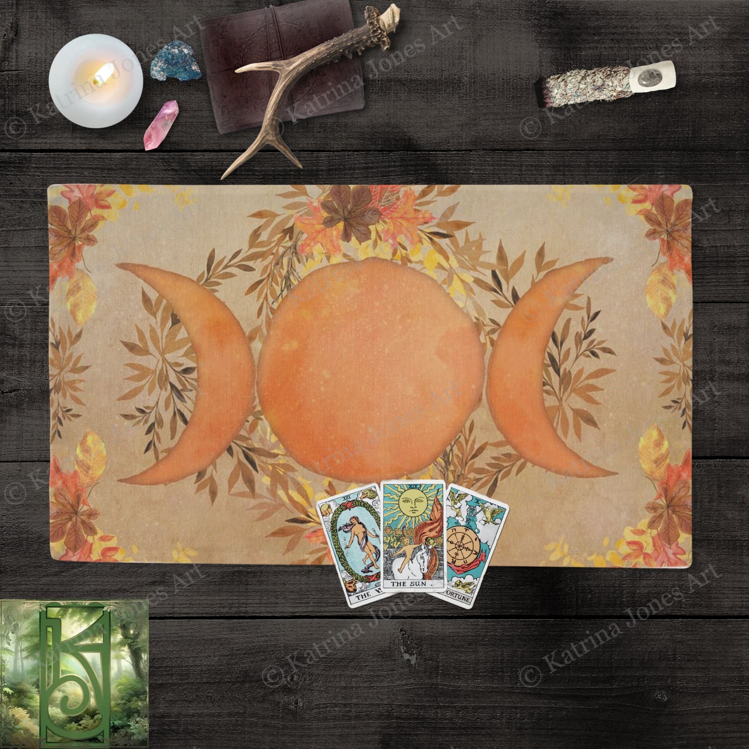 Triple Moon Altar Tarot Cloth - Autumn Equinox Wicca Decor Cotton Twill Rec