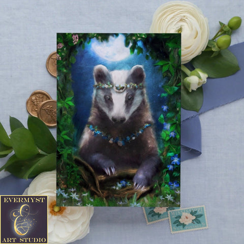 Fantasy Greeting Card Badger Woodland Animal Fairy Tale Artistic Enchanted Blank Notecard