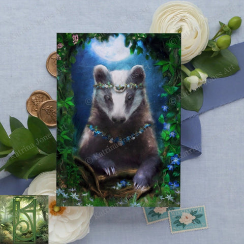 Fantasy Greeting Card Badger Woodland Animal Fairy Tale Artistic Enchanted Blank Notecard