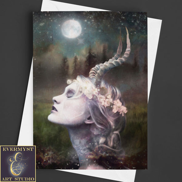 Fantasy Horned Goddess Greeting Card Artistic Witchy Magical Pagan Divine Feminine Blank Notecard