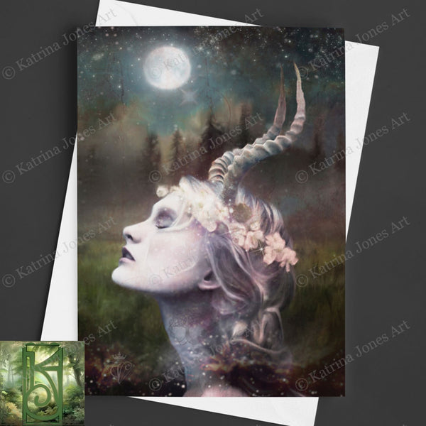 Fantasy Horned Goddess Greeting Card Artistic Witchy Magical Pagan Divine Feminine Blank Notecard