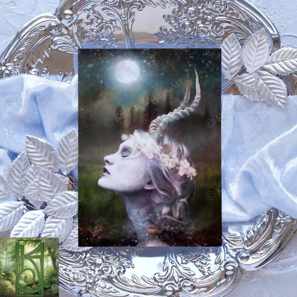 Fantasy Horned Goddess Greeting Card Artistic Witchy Magical Pagan Divine Feminine Blank Notecard