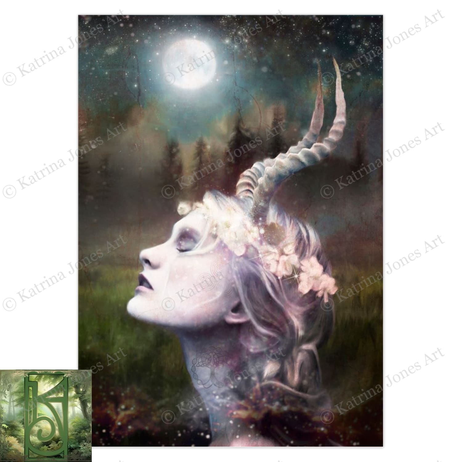 Fantasy Horned Goddess Greeting Card Artistic Witchy Magical Pagan Divine Feminine Blank Notecard 1