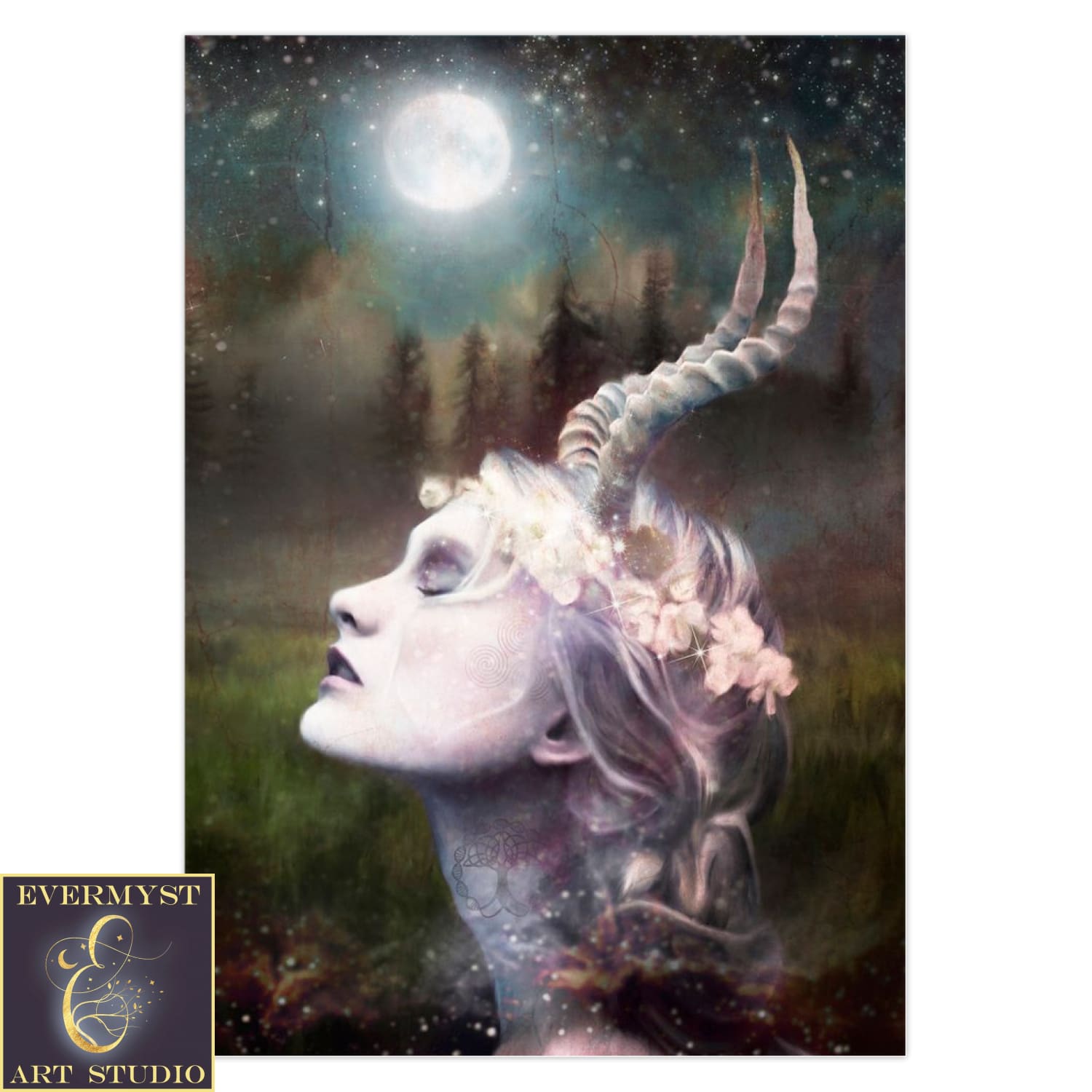 Fantasy Horned Goddess Greeting Card Artistic Witchy Magical Pagan Divine Feminine Blank Notecard 1