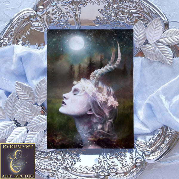 Fantasy Horned Goddess Greeting Card Artistic Witchy Magical Pagan Divine Feminine Blank Notecard