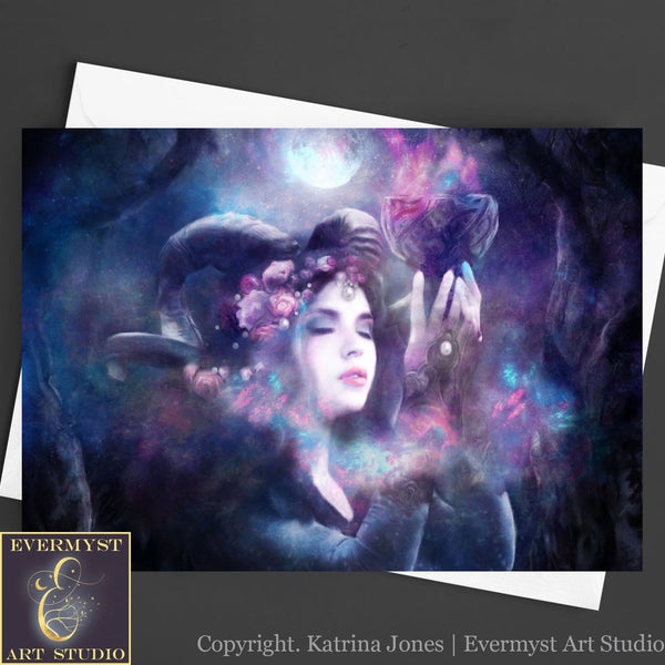 Fantasy Horned Goddess Greeting Card Mythic Mystical Magic Blank Notecard