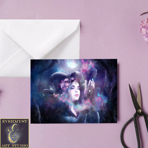 Fantasy Horned Goddess Greeting Card Mythic Mystical Magic Blank Notecard