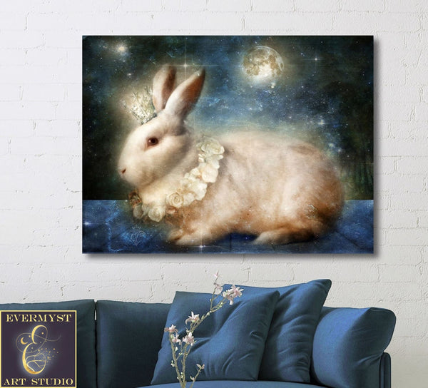 Mythic Moon Hare Art Print - Fantasy Rabbit Painting For Easter Ostara Decor