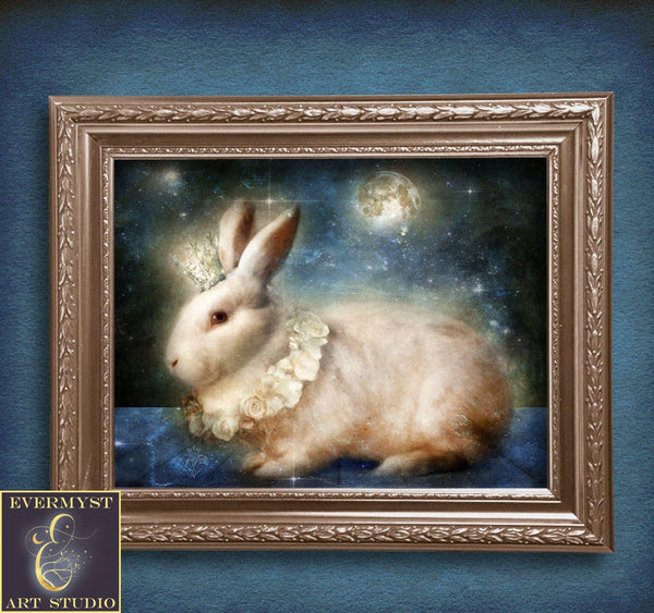 Mythic Moon Hare Art Print - Fantasy Rabbit Painting For Easter Ostara Decor