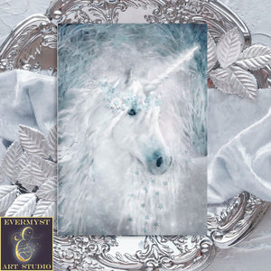 Fantasy Unicorn Greeting Card Winter White Blank Notecards Stationary