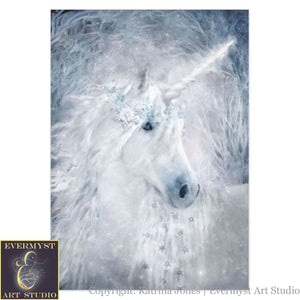 Fantasy Unicorn Greeting Card Winter White Blank Notecards Stationary 1