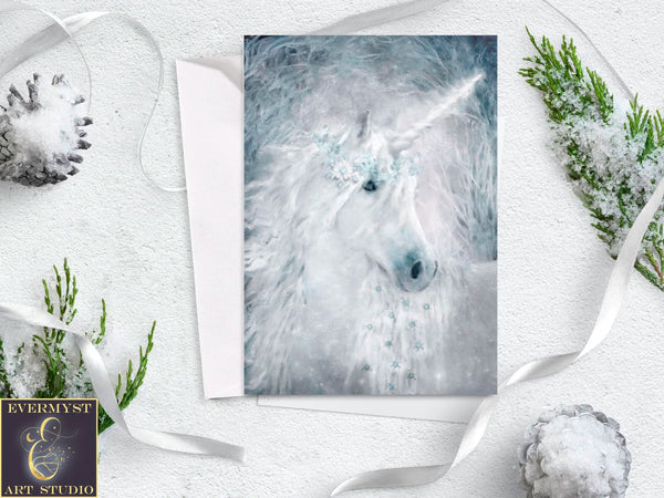 Fantasy Unicorn Greeting Card Winter White Blank Notecards Stationary