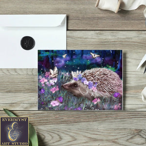 Fantasy Woodland Animal Greeting Card Cute Hedgehog Artistic Fairy Tale Forest Blank Notecard