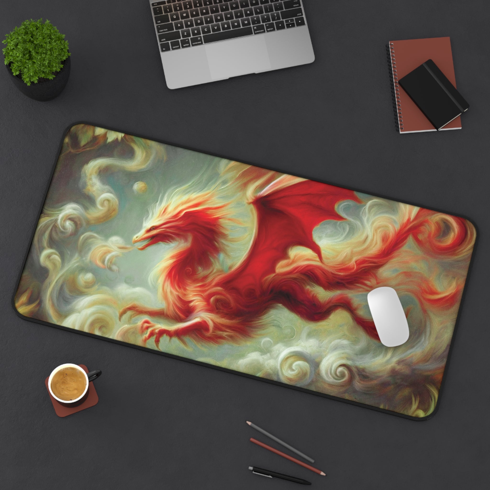a dragon-themed mouse pad with a red dragon in flight, surrounded by swirling clouds and flames, placed on a desk with various office supplies and a laptop.