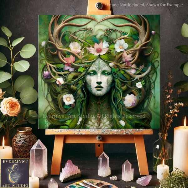 a painting of a woman with a green face surrounded by flowers and plants, displayed on an easel. The painting is set against a dark background, with various crystals and candles arranged around it.